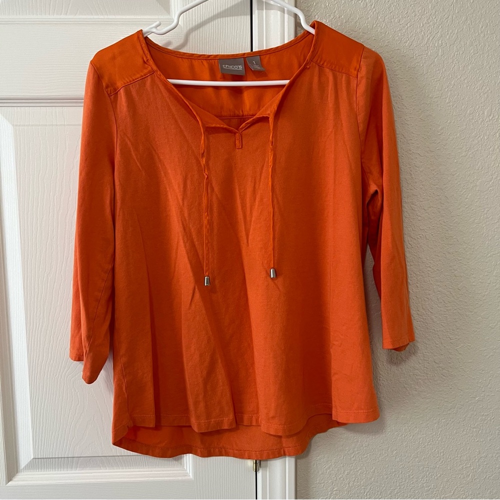 Chico’s Orange Split-Neck Tunic Top | 3/4 Sleeve Blouse Size 1 (M)